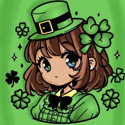 a manga-style girl with clovers around her, a little hat in her hair, like it's saint patrick's day