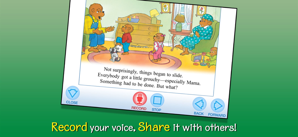 Captura de pantalla de la aplicación Berenstain Bears que muestra una escena de cuento con funciones de grabación y compartición de voz