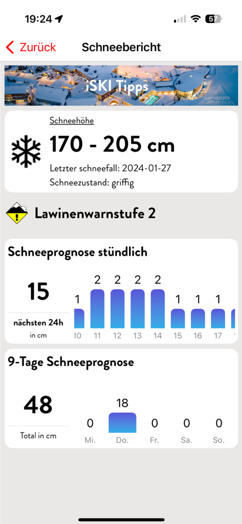 iSKI Austria - Ski & Snow - Ein Bildschirm einer mobilen App, der die Schneehöhe, Lawinenwarnstufen und stündliche Schneevorhersagen für österreichische Skigebiete zeigt.