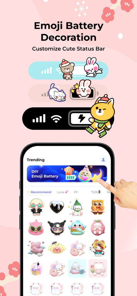 Emoji Battery Widget-BunnyWath - A mobile app screen showing options for customizing the status bar with cute character emojis and a library of trending 3D stickers.