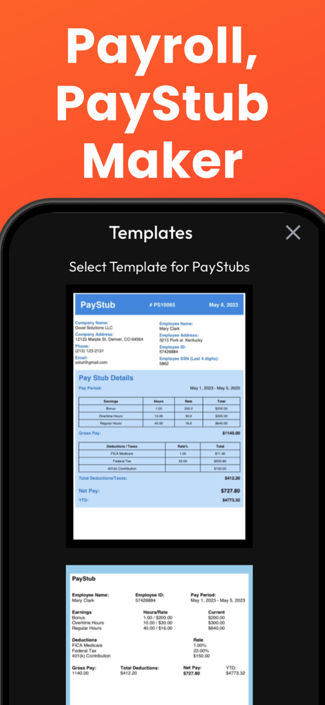 Interface de um aplicativo móvel exibindo modelos profissionais de contracheques para gerenciamento da folha de pagamento de pequenas empresas