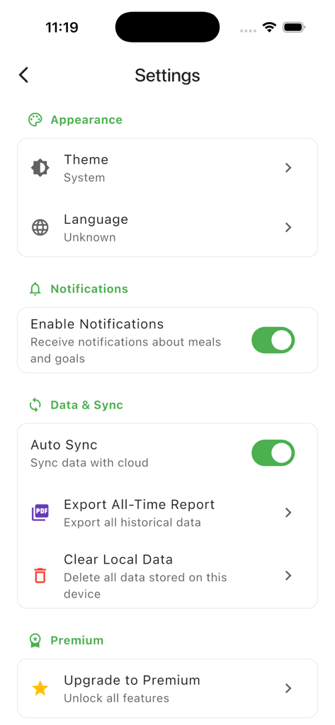 Calories Tracker - Nutrition - The settings menu of the Calories Tracker app displaying data synchronization options and premium upgrade features.
