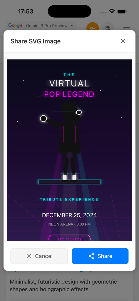 A screen showing a Share SVG Image modal in GG AI Chat featuring a futuristic virtual pop legend tribute poster.