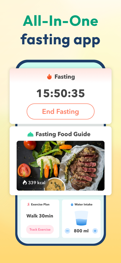Intermittent Fasting - Litely - Interface of the Litely app showing a fasting timer, food guide, exercise tracker, and water intake log.