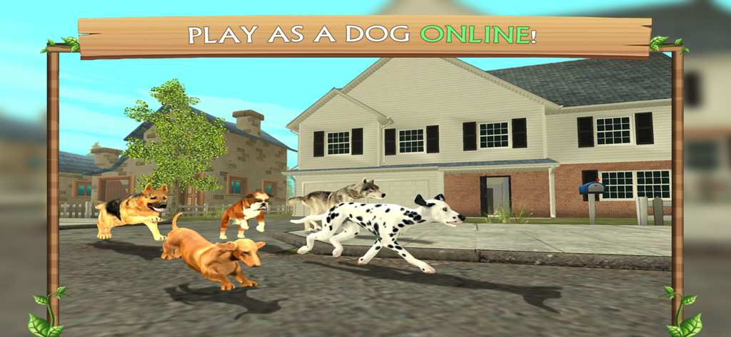 Dog Sim Online: Build A Family - Various dog breeds running together through a 3D suburban neighborhood in Dog Sim Online.
