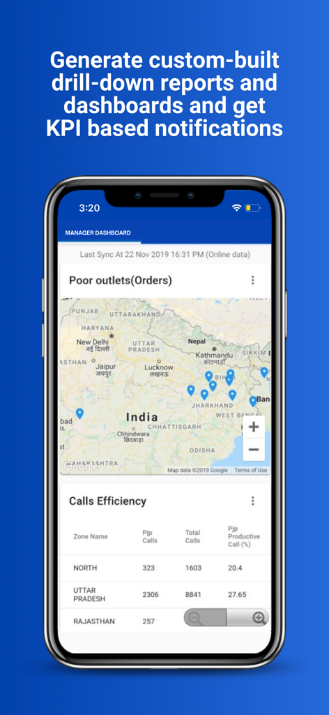 Bizom Next - Bizom Next mobile app interface showing a manager dashboard with retail intelligence maps and sales KPI reports.