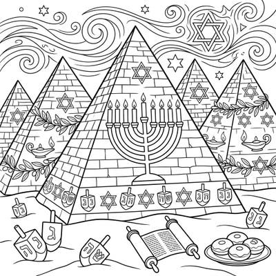 Immerse yourself in a truly unique holiday experience with this Hanukkah coloring page, blending ancient Nubian pyramids with traditional festive symbols. Discover a world where history meets celebration, perfect for all ages to enjoy.