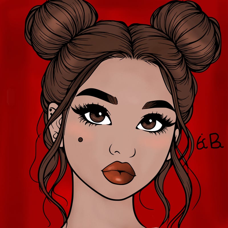 realistic girl with two buns on her hair and lips