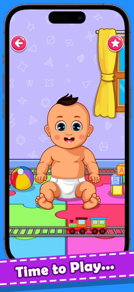 Baby Care Games. Kids Daycare - A cartoon baby sitting in a colorful playroom with a toy train and blocks