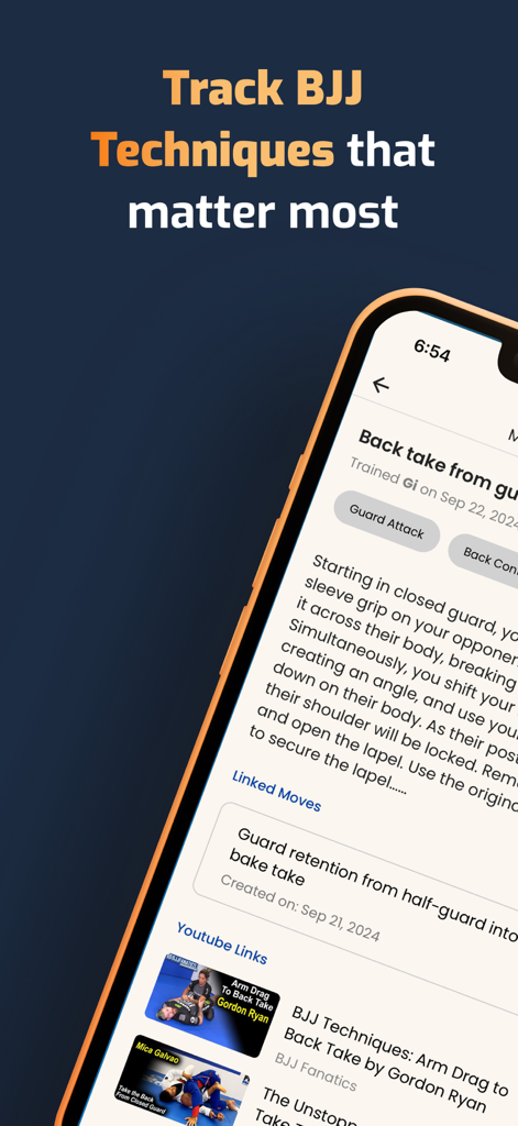 Kimura - BJJ Notes & Sessions - Kimura 모바일 앱이 브라질리언 주짓수 기술 노트와 YouTube 동영상 링크를 보여주고 있습니다