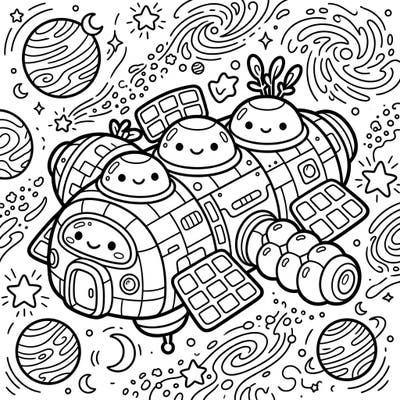 Discover a delightful Kawaii deep space habitat, ready for your artistic touch. This charming coloring page features a friendly space station surrounded by adorable celestial bodies.