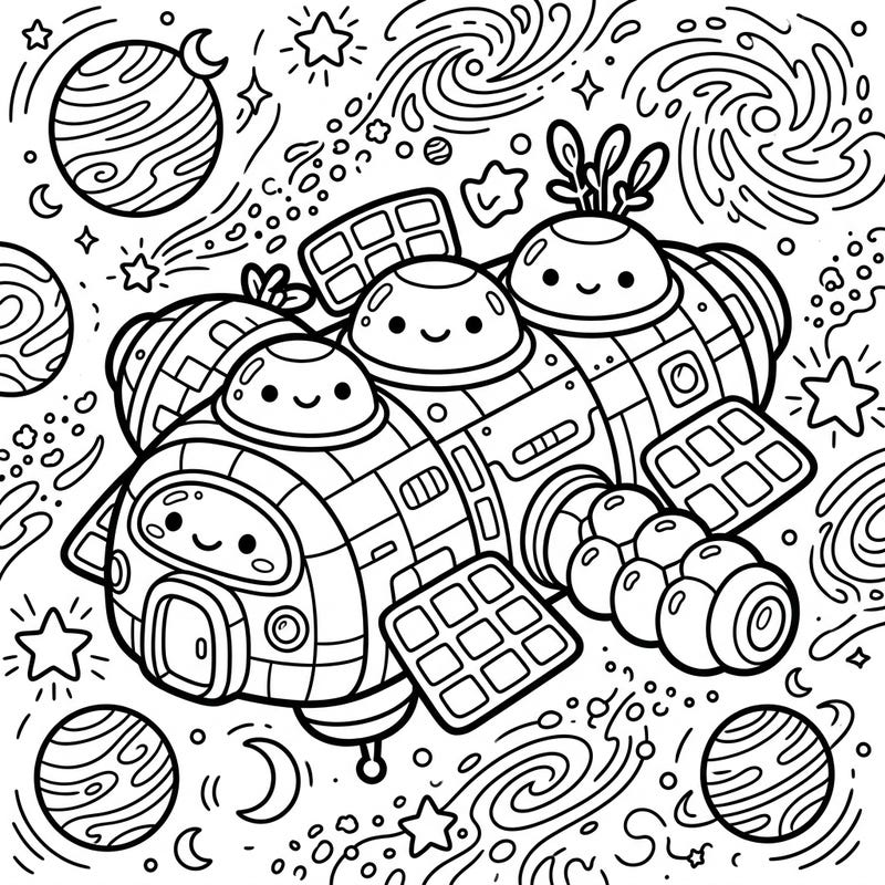 Discover a delightful Kawaii deep space habitat, ready for your artistic touch. This charming coloring page features a friendly space station surrounded by adorable celestial bodies.