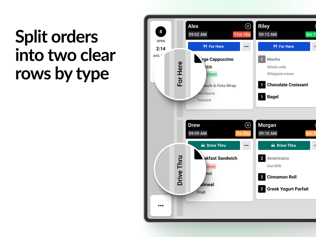 Fresh KDS | #1 Kitchen Display - Fresh KDS interface showing restaurant orders split into two rows by service type such as For Here and Drive Thru