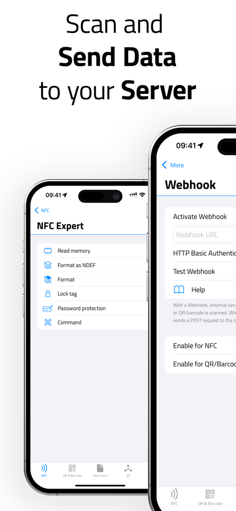 NFC.cool Tools Tag Reader - Herramientas expertas de NFC y configuración de webhook para enviar datos escaneados a un servidor en un iPhone.
