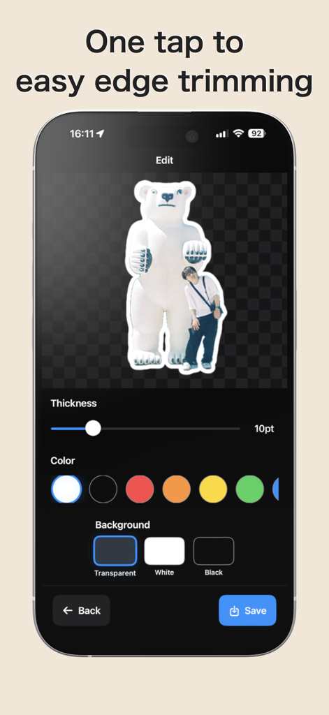 Fuchidori! - Outline Stickers - A mobile app screen showing a photo cutout of a person and a polar bear with a custom white outline and editing tools for sticker creation.