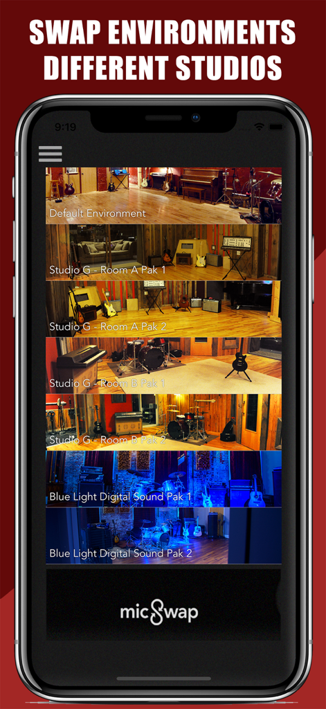 MicSwap Pro app interface showing various professional recording studio environments.