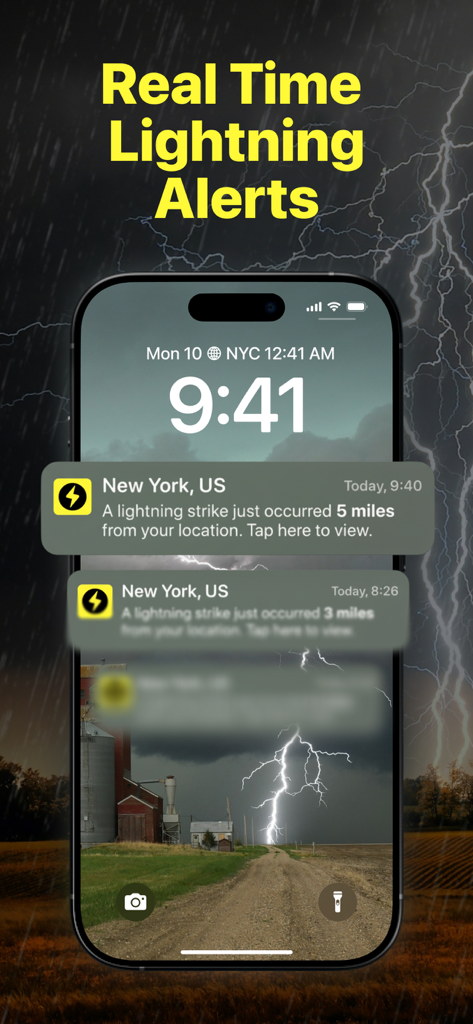 iPhone lock screen showing real-time lightning strike proximity notifications for New York