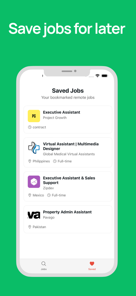 Schermata dell'app DailyRemote che mostra un elenco di segnalibri di lavori remoti salvati, inclusi ruoli come Assistente Esecutivo e Progettista Multimediale