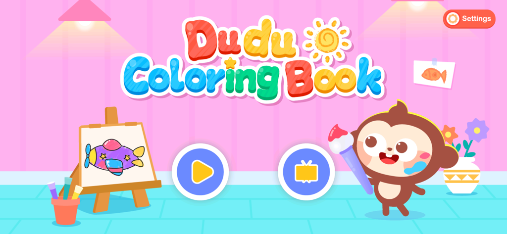 Painting Book - Dudu Coloring Book app home screen with a cute monkey character and a drawing easel