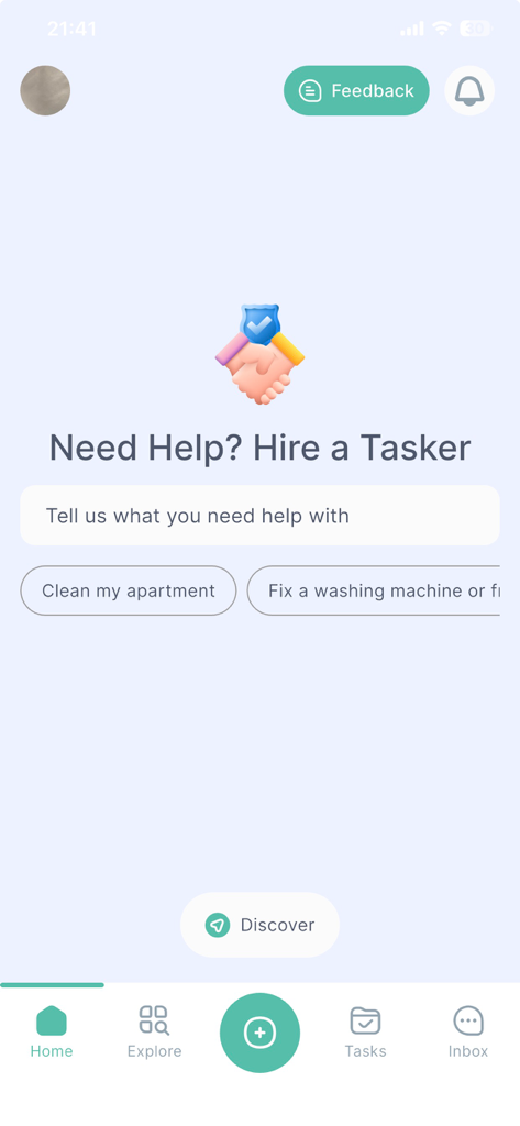 Taskin - Taskin mobile app home screen with hire a tasker prompt and service categories