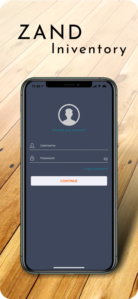 Zand Inventory - Anmeldebildschirm für die Zand Inventory App mit Feldern für Benutzername und Passwort