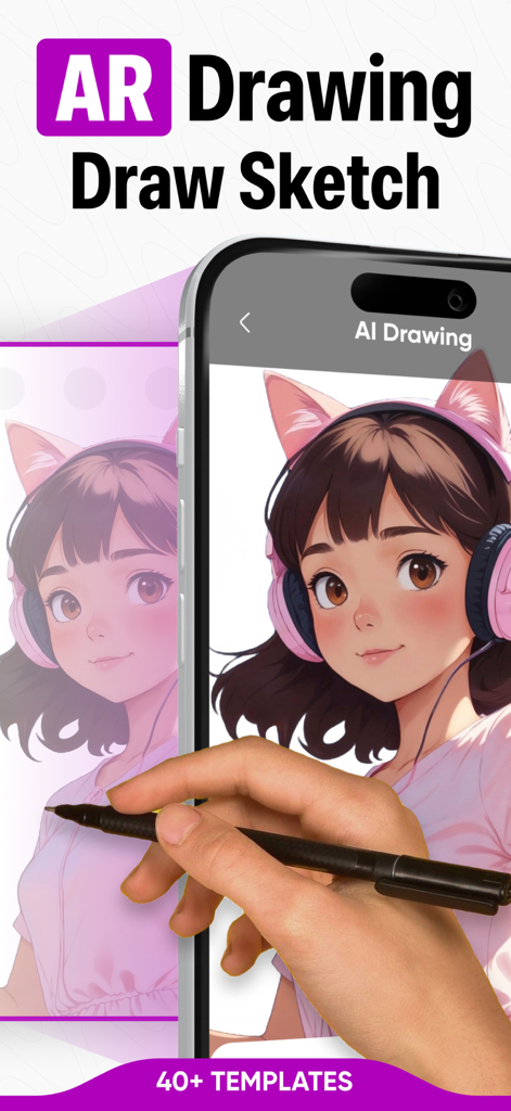 AR Drawing・Sketch Trace Draw - Main traçant un croquis de fille d'anime à l'aide de l'application mobile AR Drawing.