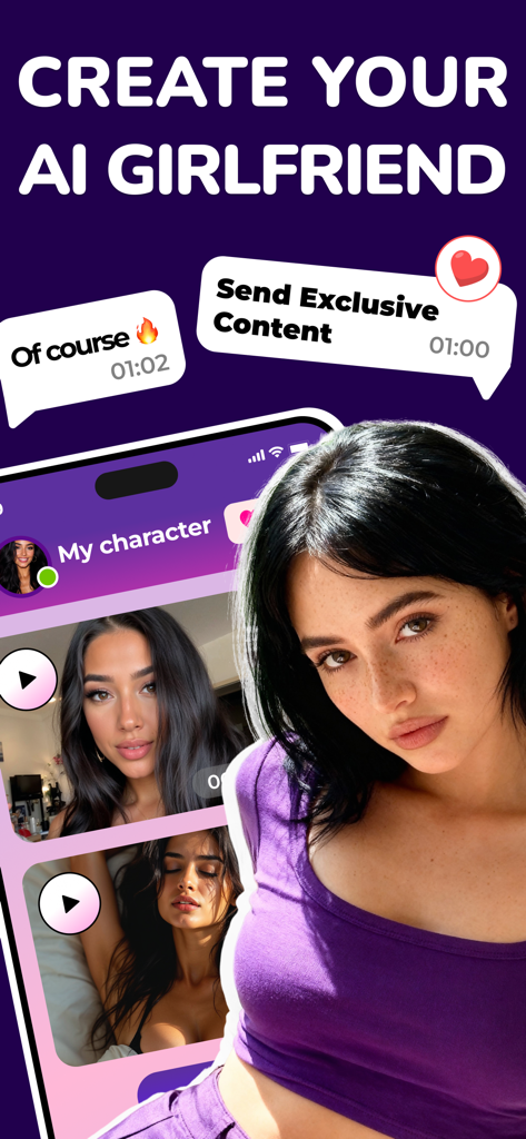 AI Girlfriend Chat : Jelly - Mobile app screenshot of Jelly AI showing options to create a virtual girlfriend with realistic female avatars and chat interface
