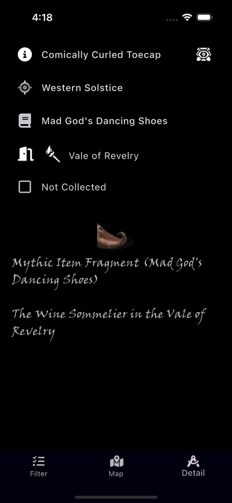 ESO Surveyor - ESO Surveyor app screen showing details and location for a mythic item fragment in the Elder Scrolls Online