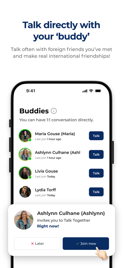 Tela do aplicativo Episoden mostrando uma lista de amigos e um convite para iniciar uma conversa em inglês.