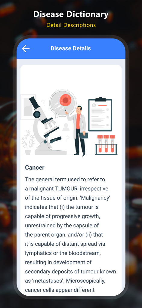 Drugs Dictionary - Offline - Mobile app interface showing a detailed description and medical definition of cancer in the Drugs Dictionary app.