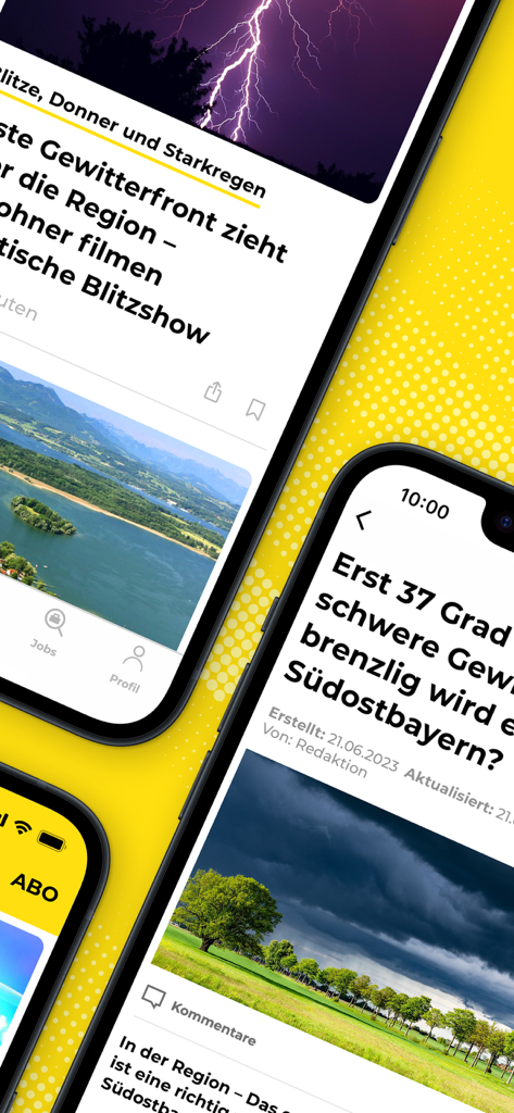 Mobile phone screens displaying the user interface and local news articles of the innsalzach24.de app.