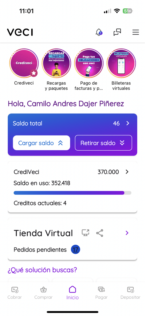 Veci-Appのメインダッシュボード。仮想ストアの注文や残高管理を含むビジネスツールを表示。