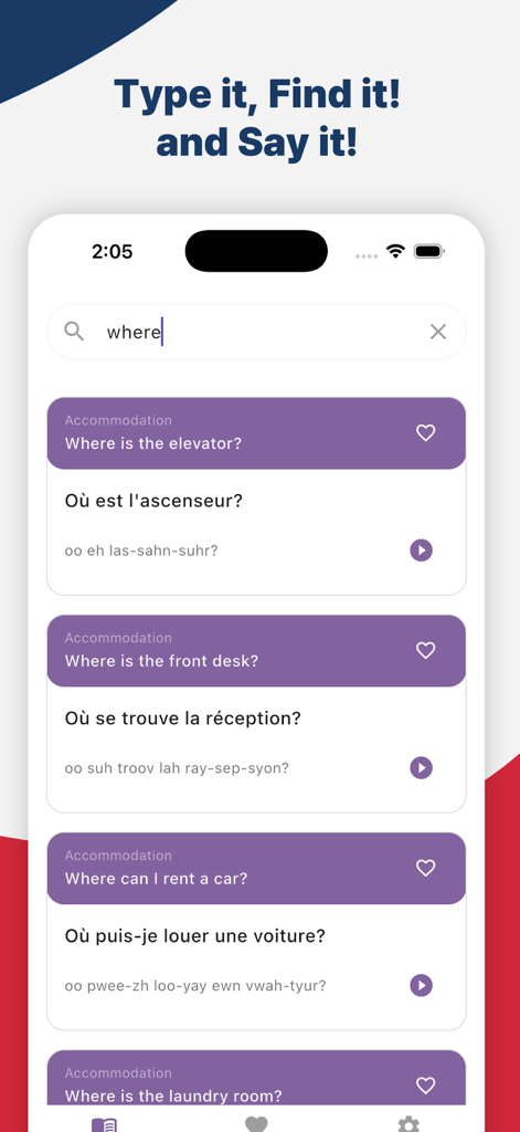 French Phrasebook Travel - Search feature of the French Phrasebook Travel app showing translated accommodation phrases with phonetic pronunciation guides