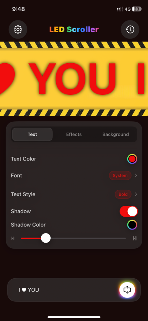 LED Banner App. - User interface of the LED Banner App showing text customization settings for a scrolling LED sign