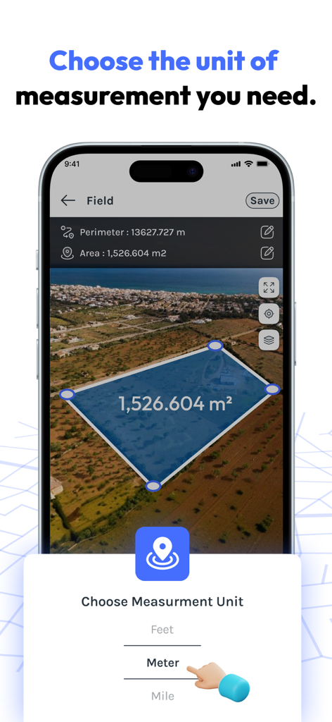 FieldCalc app interface showing a land area measurement on a satellite map with a measurement unit selector.