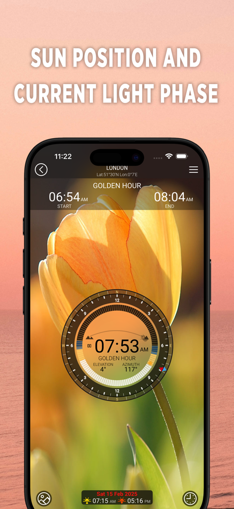 SunIZup - Golden Hour Photos - Interface do aplicativo SunIZup mostrando horários da hora dourada e posição do sol em um iPhone