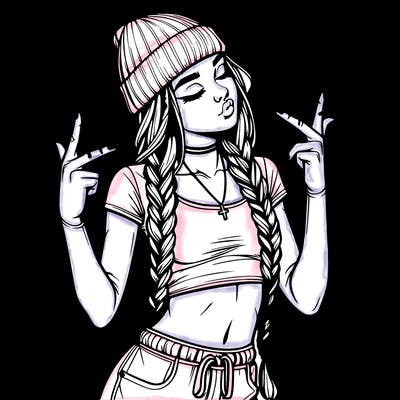 realistic teenage girl with braids and a beanie and crop top doing 🫶🏼