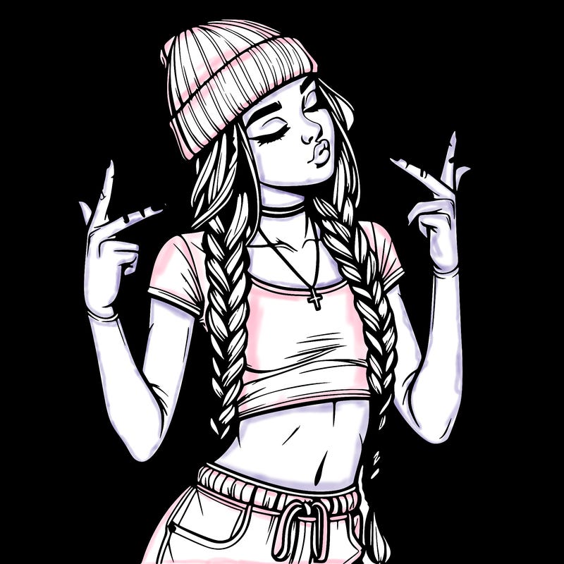 realistic teenage girl with braids and a beanie and crop top doing 🫶🏼