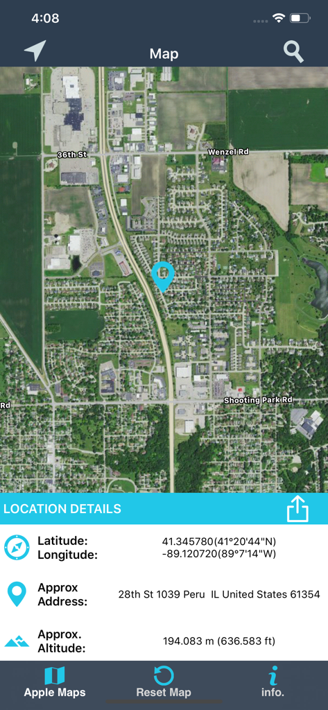 Find My Location details - Satellite map view in the Find My Location details app showing latitude longitude address and altitude