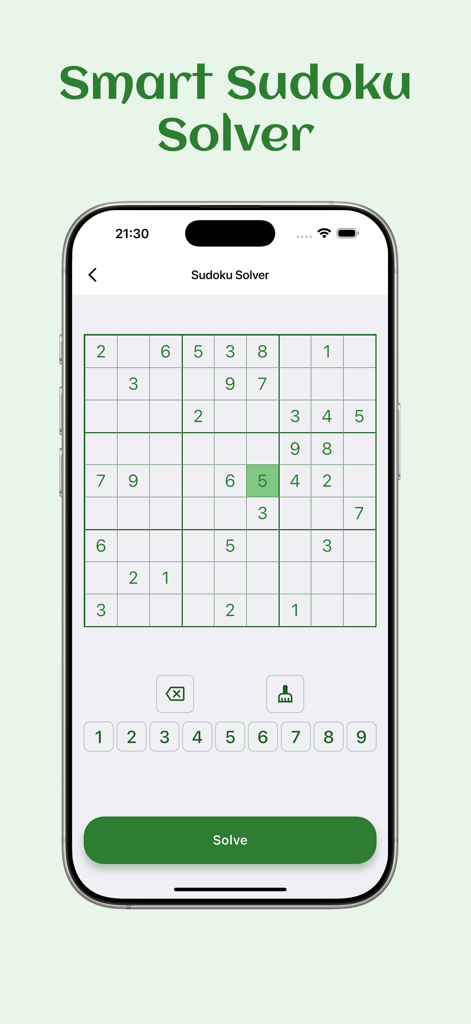 Sudoku Clean - No ads - Interface of the Smart Sudoku Solver feature in the Sudoku Clean app.