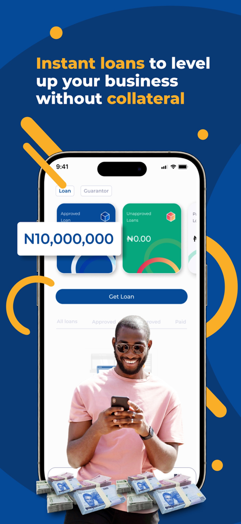Trade Lenda App-Oberfläche mit Geschäftsdarlehensoptionen und sofortiger Auszahlung ohne Sicherheiten