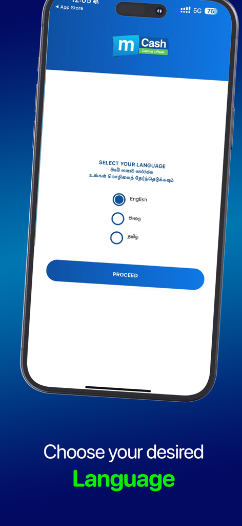 Mobitel mCash - Pantalla de selección de idioma de la aplicación Mobitel mCash mostrando opciones para inglés, sinhala y tamil.