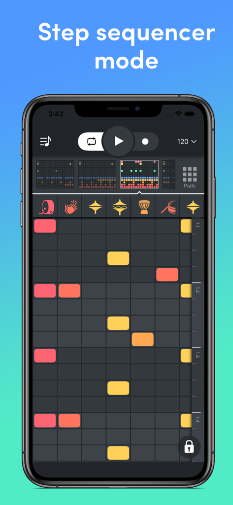 Beat Snap - Music & Beat Maker - Mobile phone interface of the Beat Snap app showing the step sequencer mode with a musical grid and drum instrument icons.