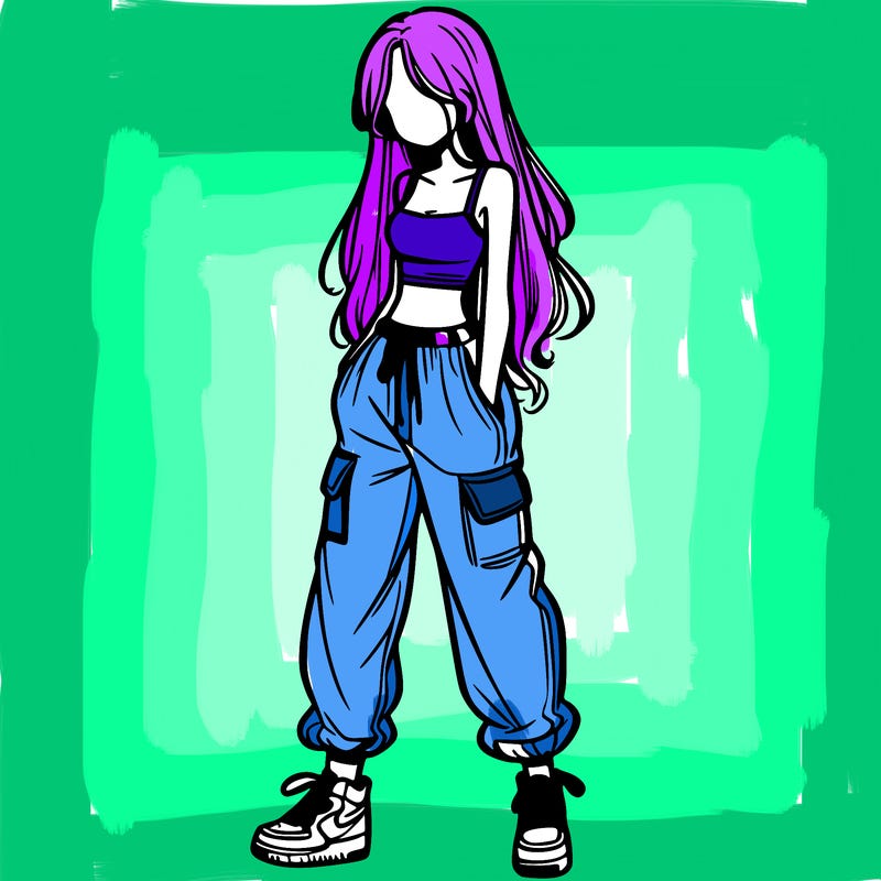 girl in baggy pants crop top and long hair
