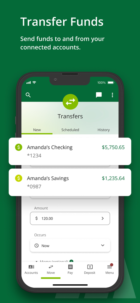 A mobile interface of the Redwood Credit Union app showing the screen for transferring funds between checking and savings accounts