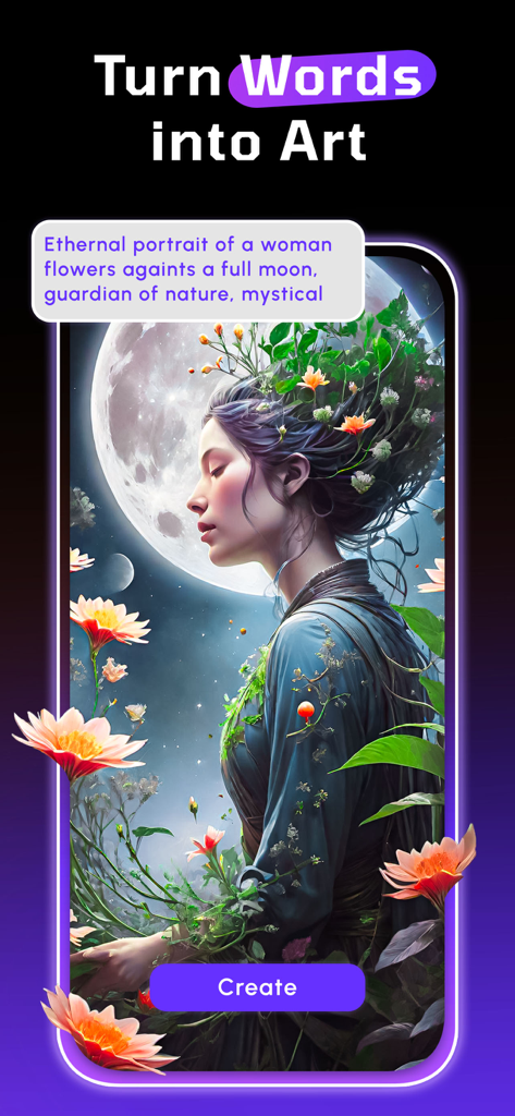WOMBO Dream - AI Art Generator - Interface of WOMBO Dream app showing an AI generated mystical portrait of a woman from a text prompt.