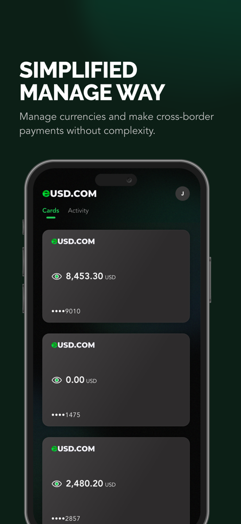 eUSD Card - eUSD Card App-Oberfläche mit mehreren virtuellen Währungskarten und Kontoständen für globale Zahlungen