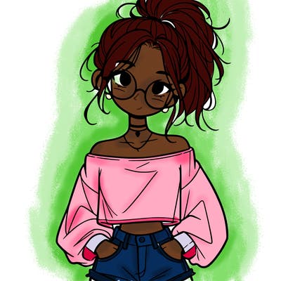 girl with a messy ponytail glasses a baggy crop top and jean shorts