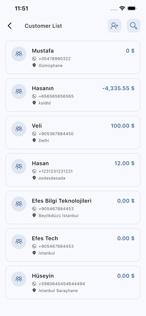 Order Tracking System - A mobile interface showing a customer list with names, phone numbers, locations, and balances in the Order Tracking System app.
