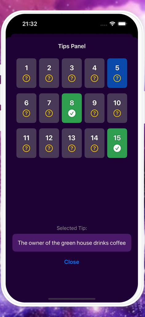 Bedienfeld mit Tipps im Mobile Game 'Einstein's Riddle', das Logik-Hinweise und den nummerierten Fortschritt anzeigt